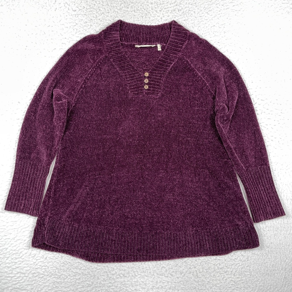 Soft Surroundings Sweater Womens L Purple Chenille Henley Cozy Winter Soft